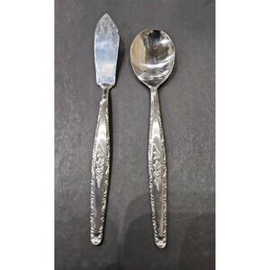 T&B Stylecraft Sugar Spoon & Butter Knife Japan Vintage Single Rose Stainless